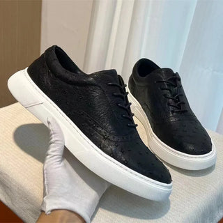 Authentic Real True Ostrich Skin Classic Black White Men's Casual Board Shoes Genuine Exotic Leather Male Lace-up Walking Flats