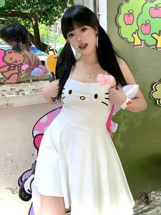 HOUZHOU Kawaii White Dress Women Japanese Y2k Cat Face Embroidery Cute Spaghetti Strap Mini Dress Bow Patchwork Anime Sundress