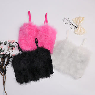 Autumn And Winter New Inner Wear Solid Color Stitching Furry Camisole Women's Feather Tube Top Christmas Performance Vest Top